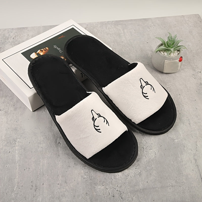 Women's Black Flannel Open-Toe Slippers for Hotel Travel and Home