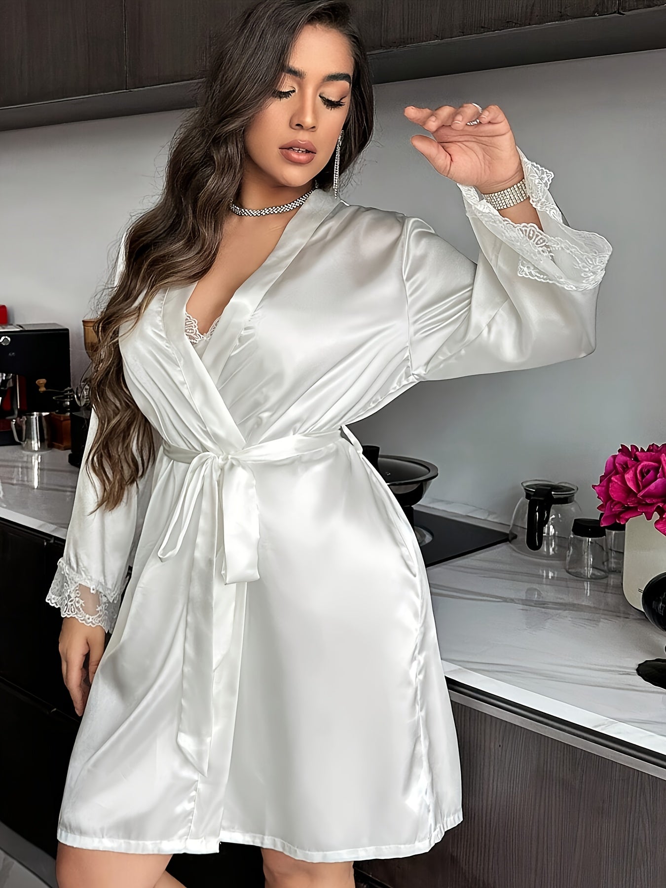 Plus Size Lace Trim Long Sleeve Robe and Slip Dress Set V-Neck Semi-Sheer Machine Washable