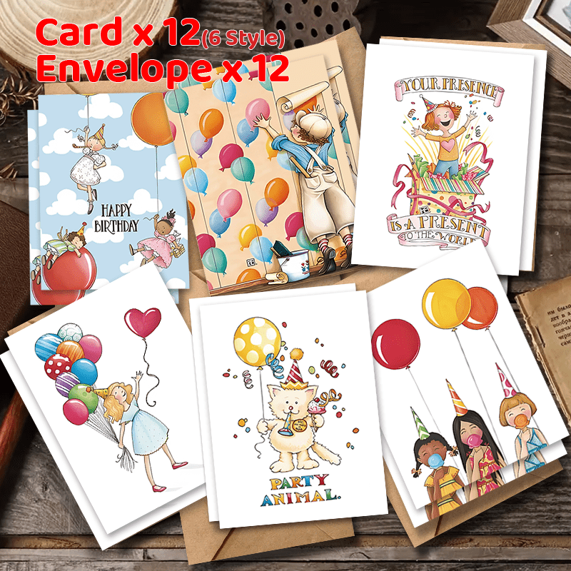Set of 24 Birthday Cards with Envelopes for Kids and Adults, Cute Designs