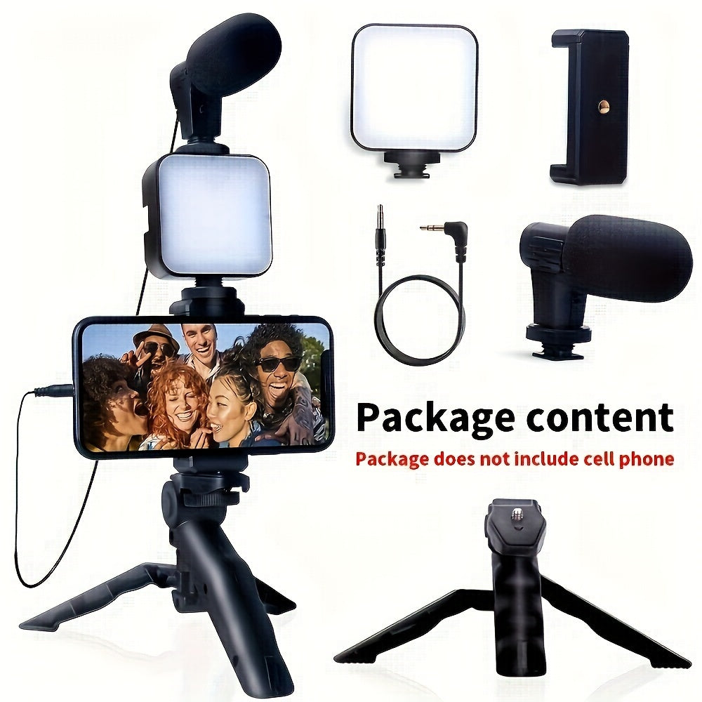 Universal 3-in-1 Smartphone Video Blogging Kit with LED Ring Light Microphone and Tripod