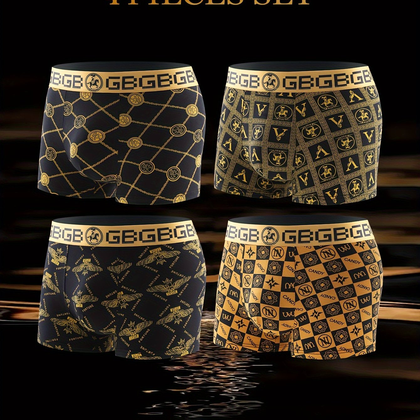Men's Boxer Briefs Set of 4 Black and Gold Polyester Spandex Comfortable Non-Transparent