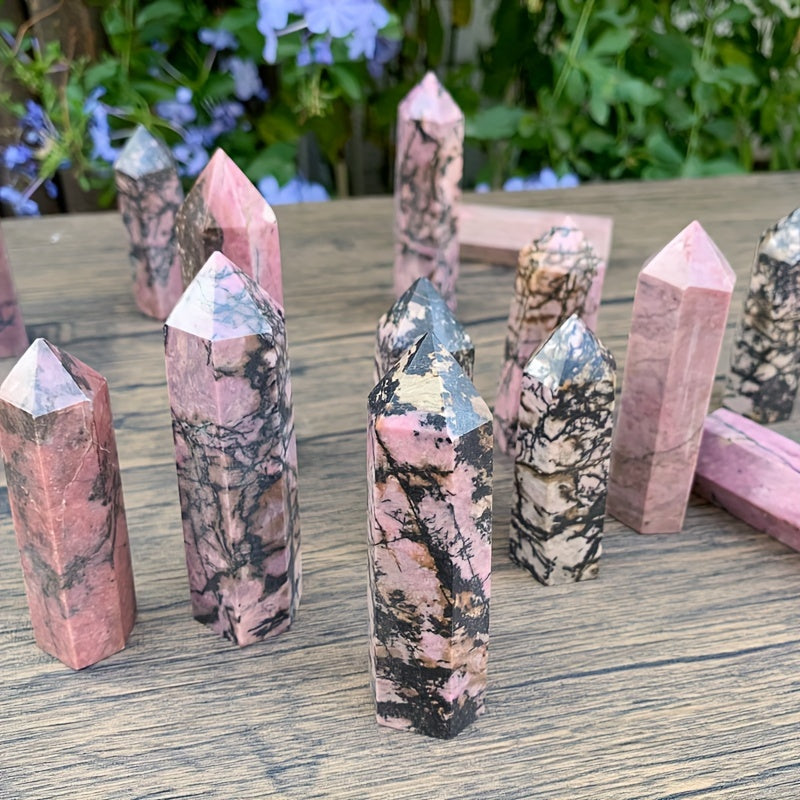Varita de cristal de rodonita natural con punta de cuarzo facetado para sanación y meditación