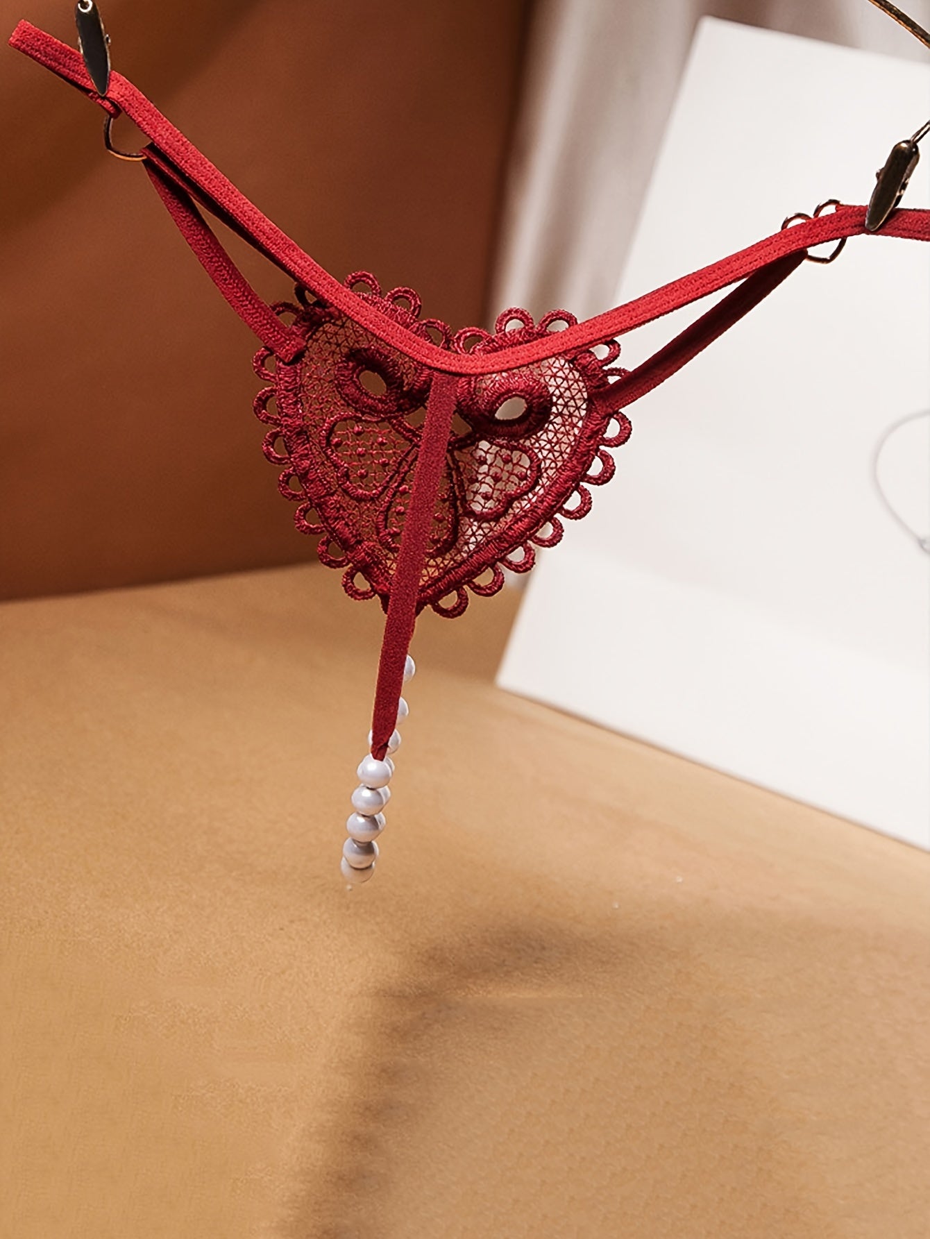 Women's Low Waist Pearl Thong with Heart-Shaped Hollow Out Design Soft Breathable Lingerie