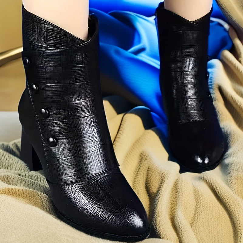 Women's Winter Mid-Calf Fleece Lined Chunky Heeled Outdoor Boots Black