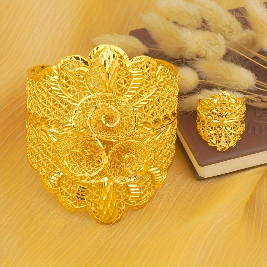 Gold Plated Copper Cuff Bracelet and Ring Set for Women Bohemian Style Jewelry
