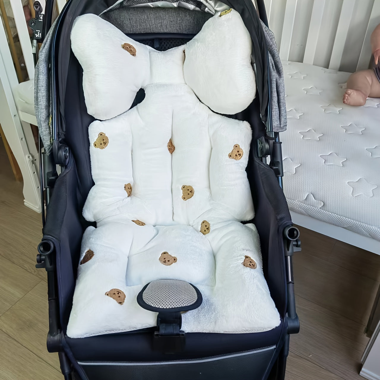 Almohadilla para cochecito de bebé con patrón de oso de peluche, bordada, acolchado grueso, suave y cálido