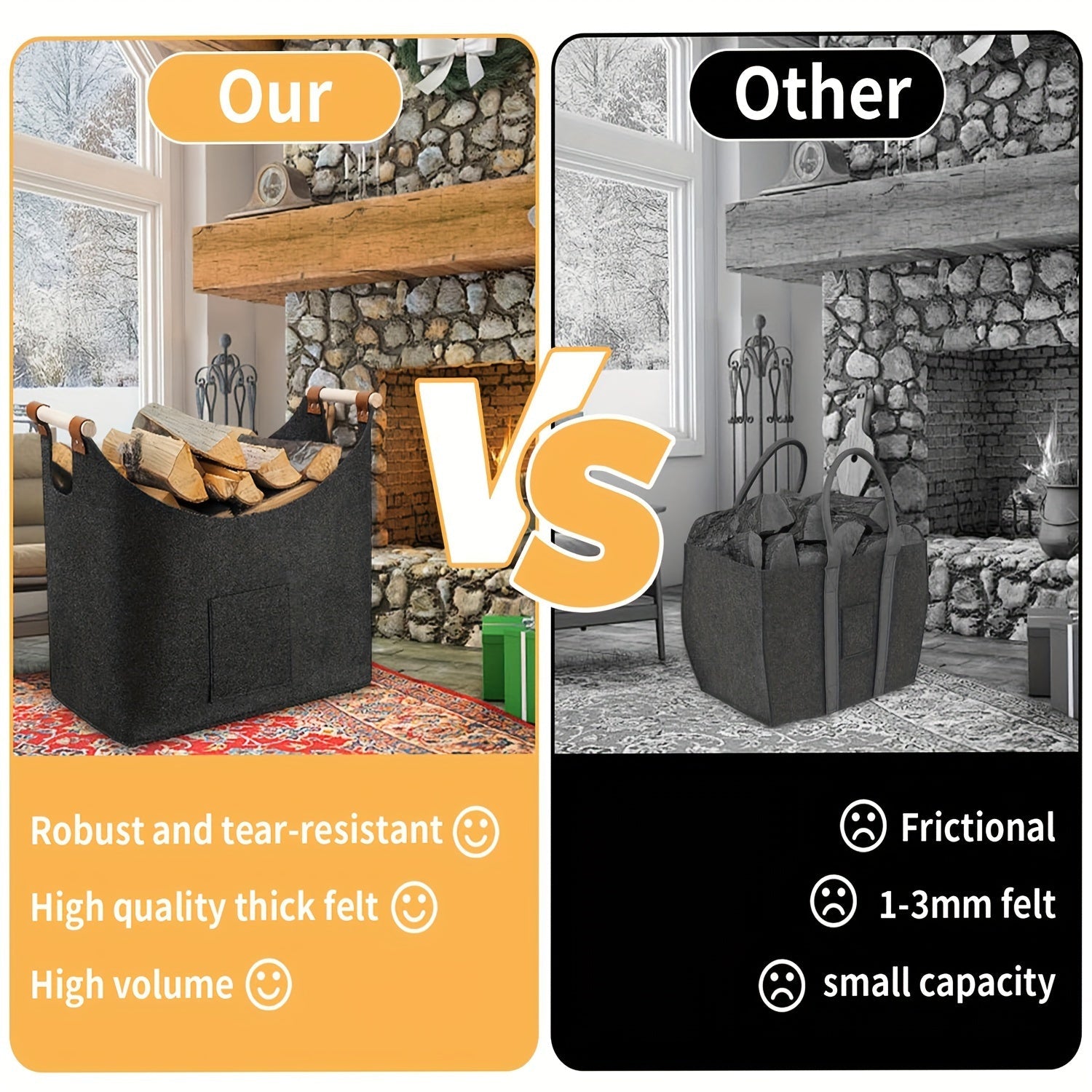 60L Extra Thick Felt Firewood Basket with Reinforced Handles Dark Grey Foldable Durable Indoor Outdoor Storage