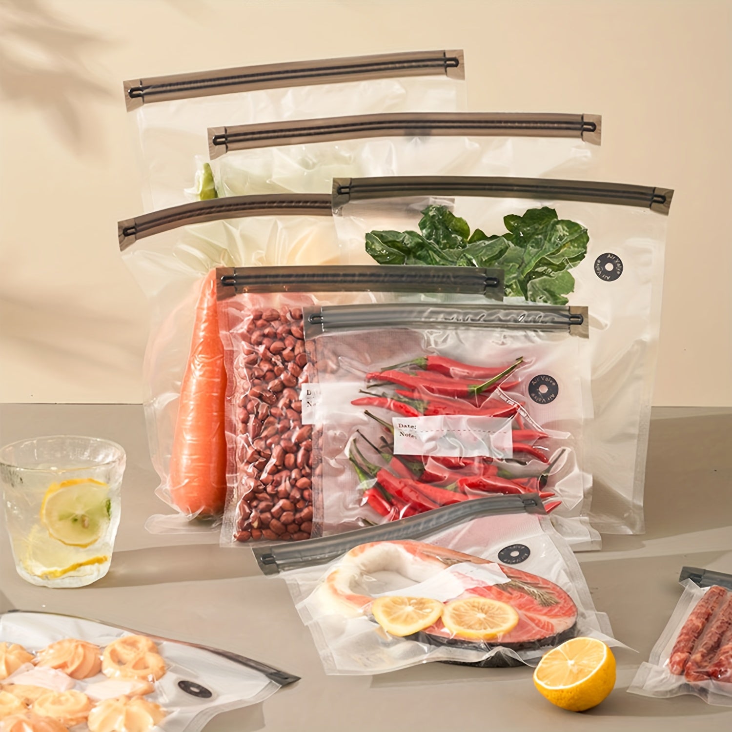 12-pack vacuum food storage bags with zipper, includes 10 bags 2 clips