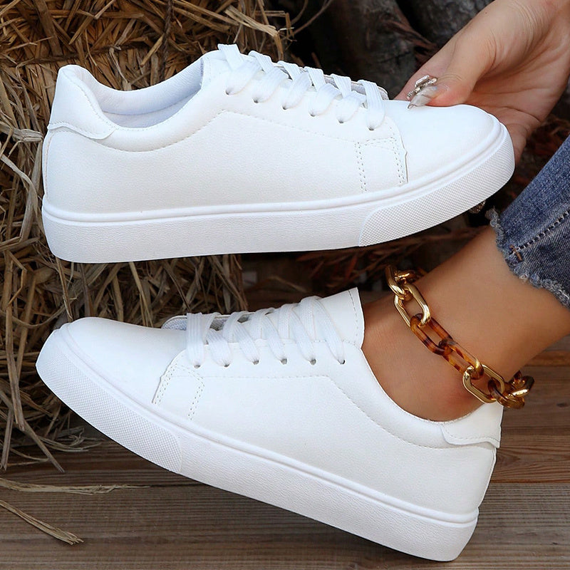 Women's White Low Top Sneakers Lace Up Comfortable Athletic Shoes