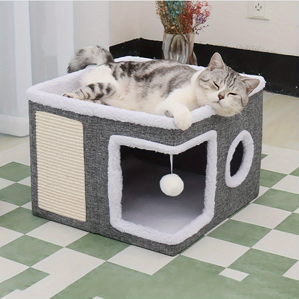 Double-Layered Cat Bed with Sisal Scratching Post Foldable Enclosed Design Large Space All-Season