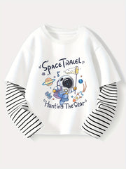 Kids Boy's Striped Long Sleeve Top with Astronaut Cartoon Print in Cotton for Spring Fall
