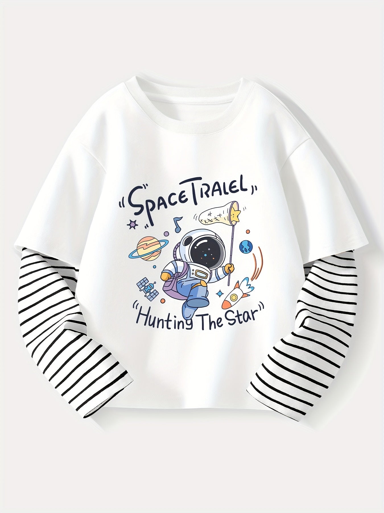 Kids Boy's Striped Long Sleeve Top with Astronaut Cartoon Print in Cotton for Spring Fall