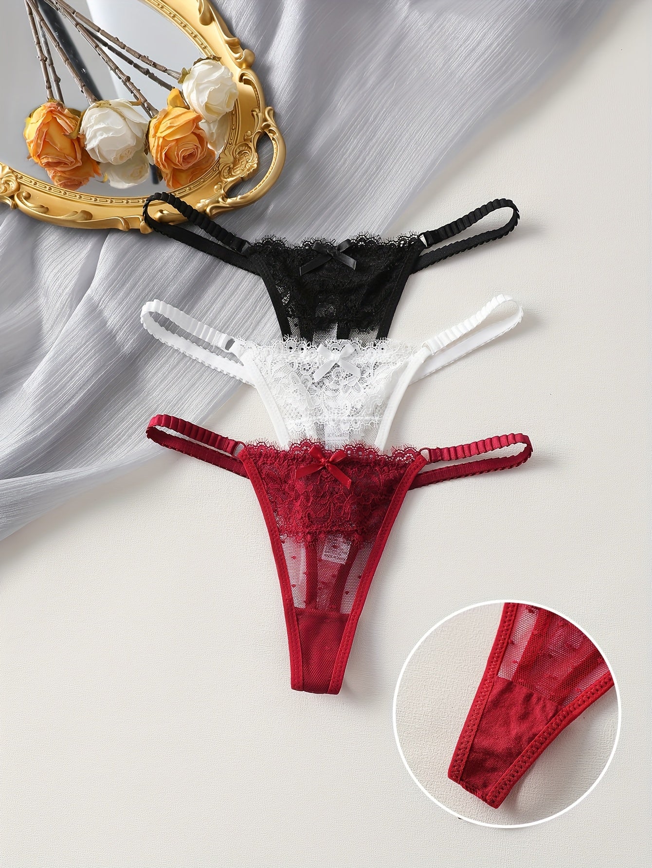 Women's Thong Panties Set 3-Pack in Black White Wine Red Semi-Sheer Knit Fabric