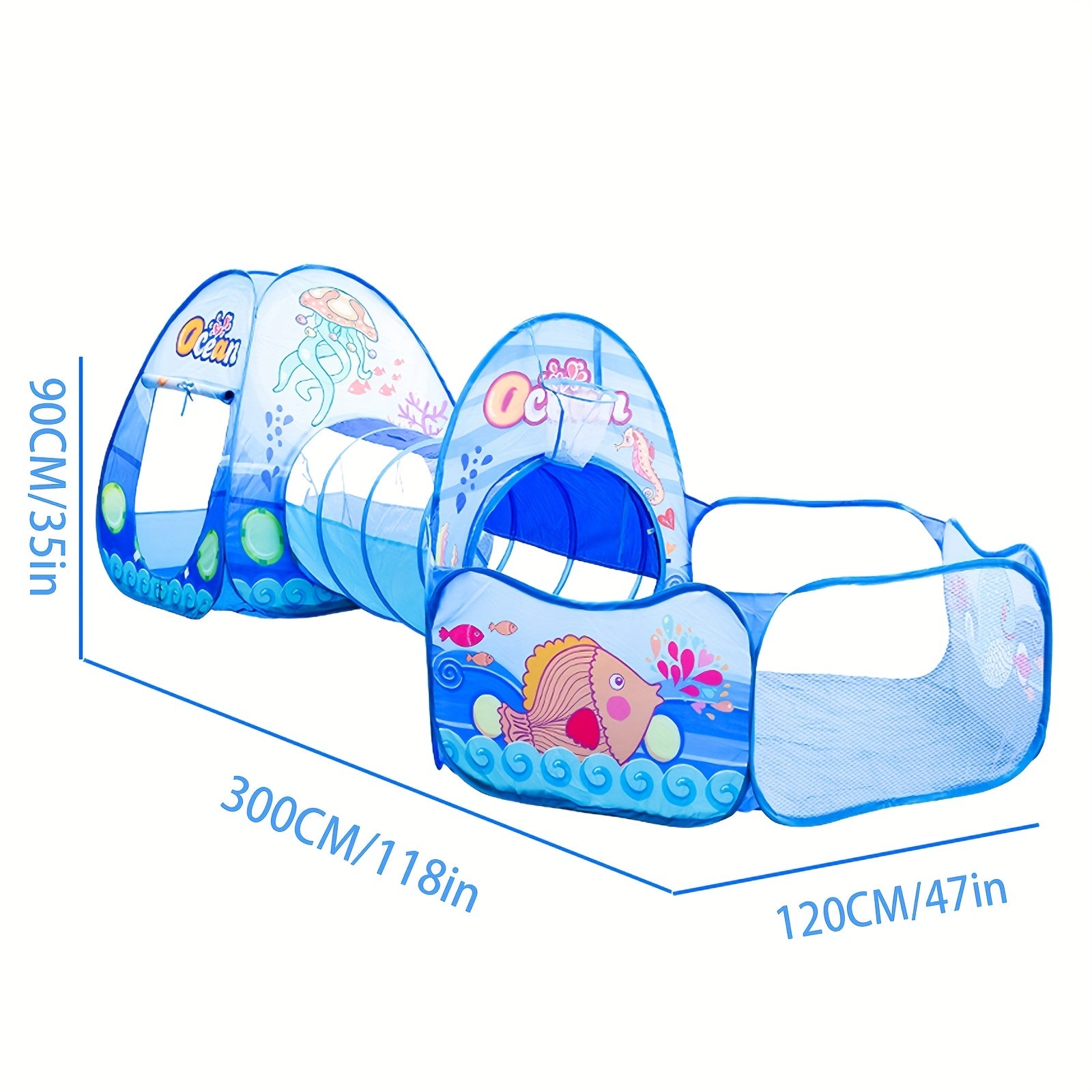 Ichki foydalanish uchun portativ, yig'iladigan tentli o'yin uyi, okean mavzusida.