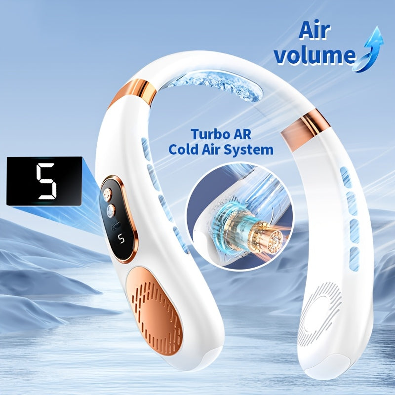 Portable Neck Fan with 7-Color LED Lights, Dual Turbo Outlets, 5-Speed