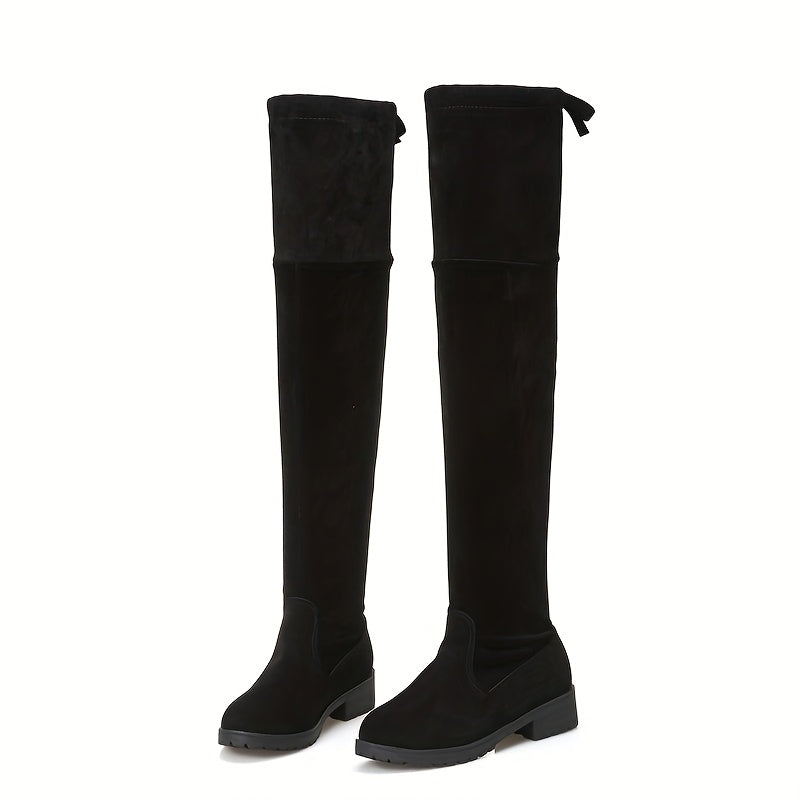 Women's Knee-High Platform Boots Casual Round Toe Soft Fabric Rubber Sole