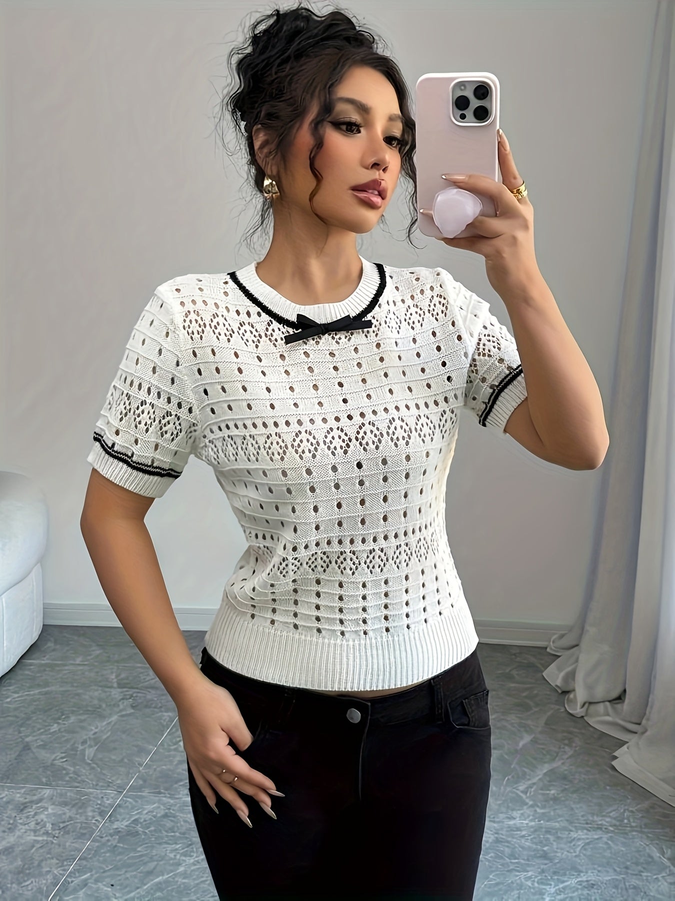 Women's Knit Summer Short Sleeve Top Round Neck Breathable Lace Pullover