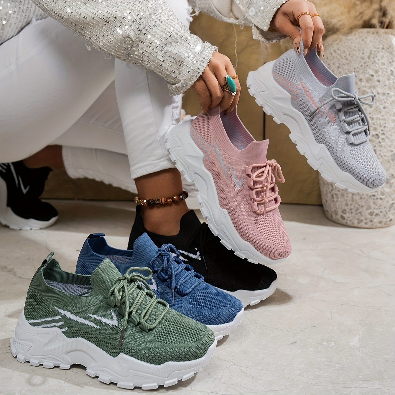Women's Knitted Outdoor Running Shoes for Walking and Exercise