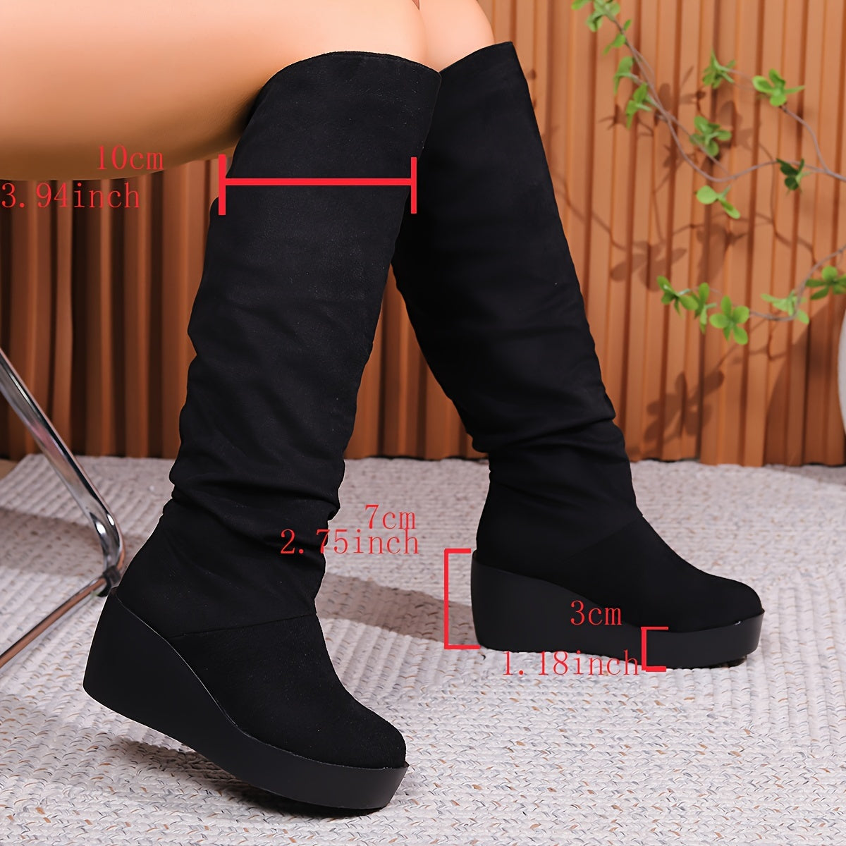 Women's Black Knee-High Wedge Boots with Slip-On Thick Sole