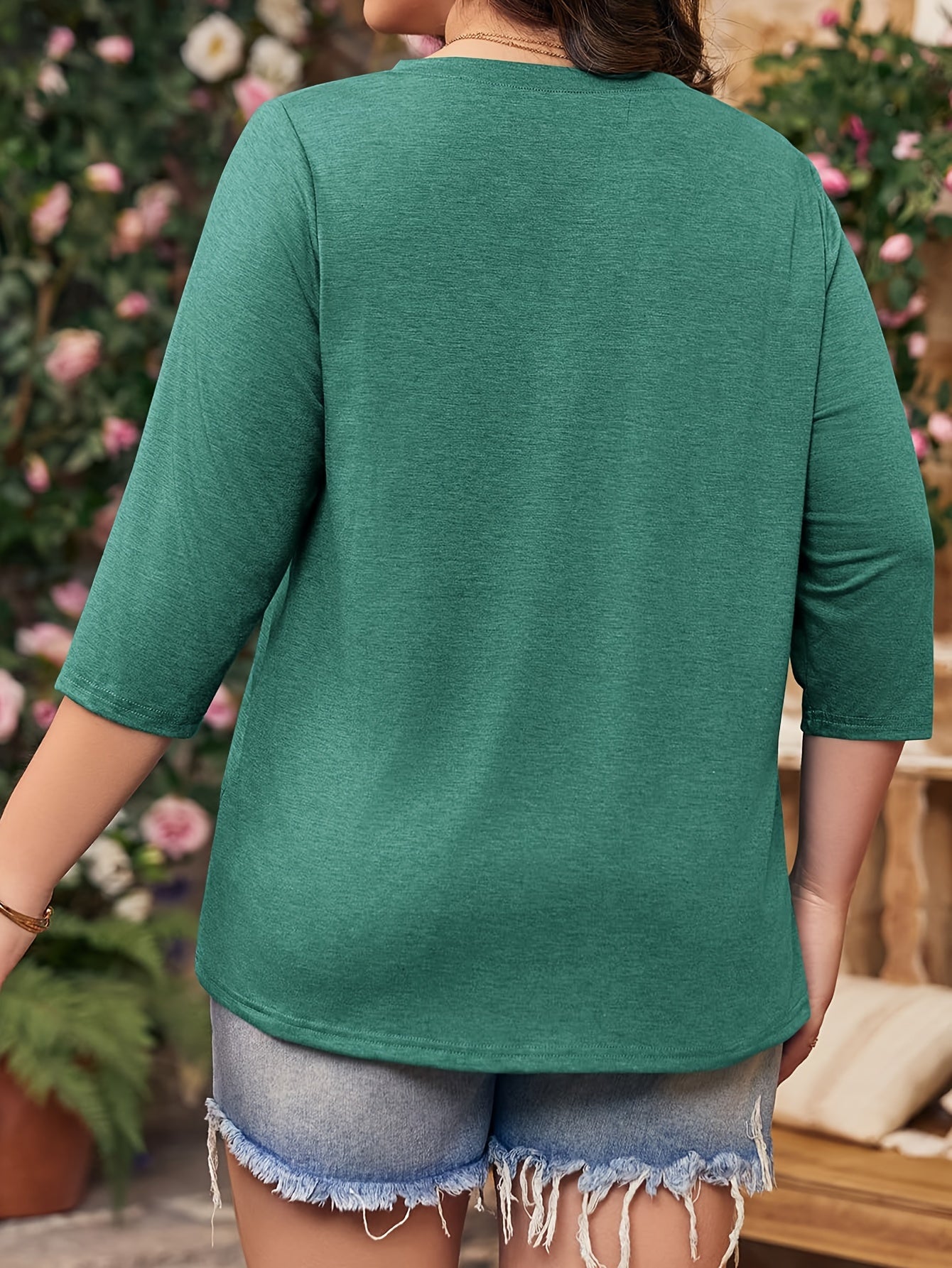 Women's Plus Size V-Neck Tunic Top 3/4 Sleeve Button Front Casual Breathable