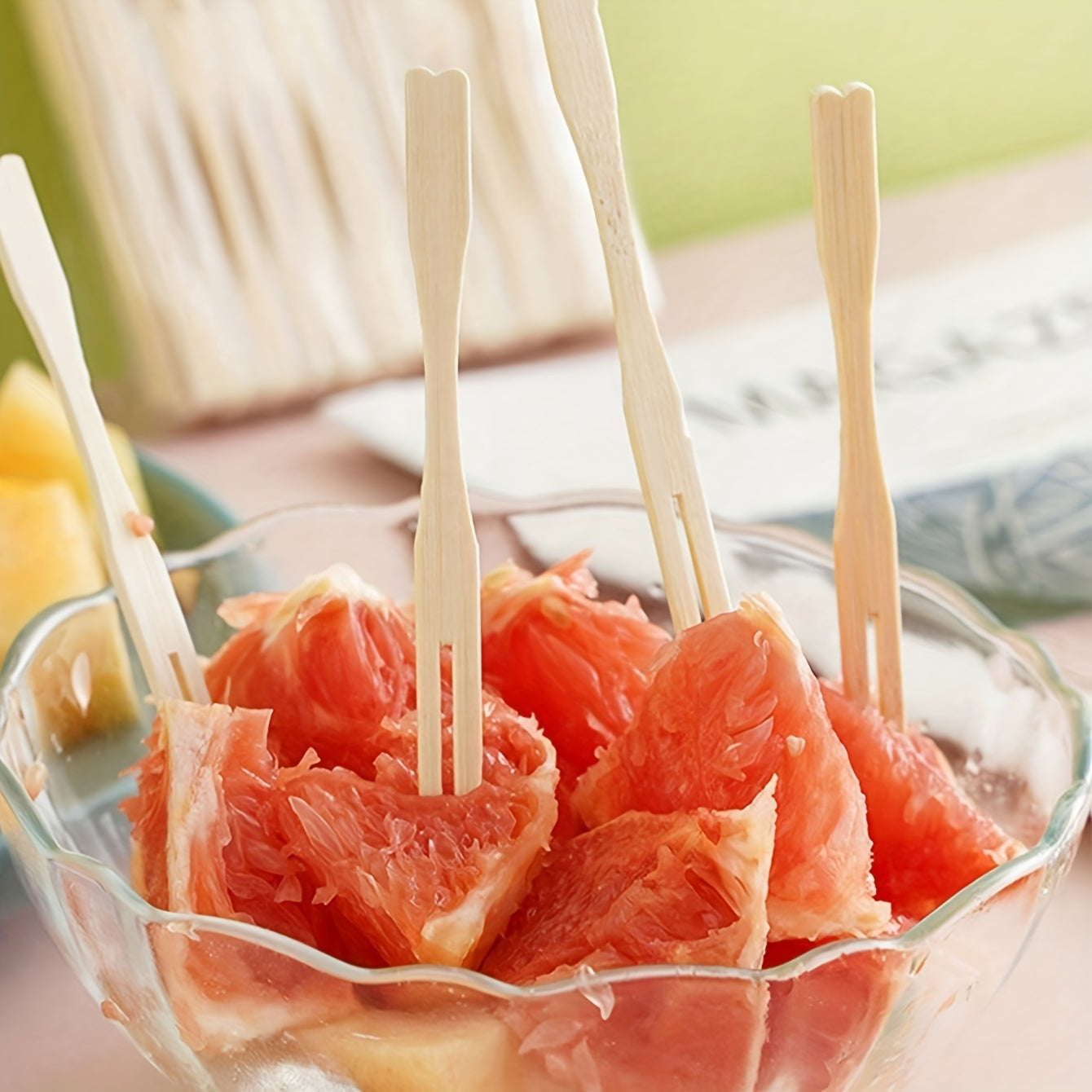 Set of 80 Beige Wooden Fruit Picks and Bamboo Cheese and Cake Forks