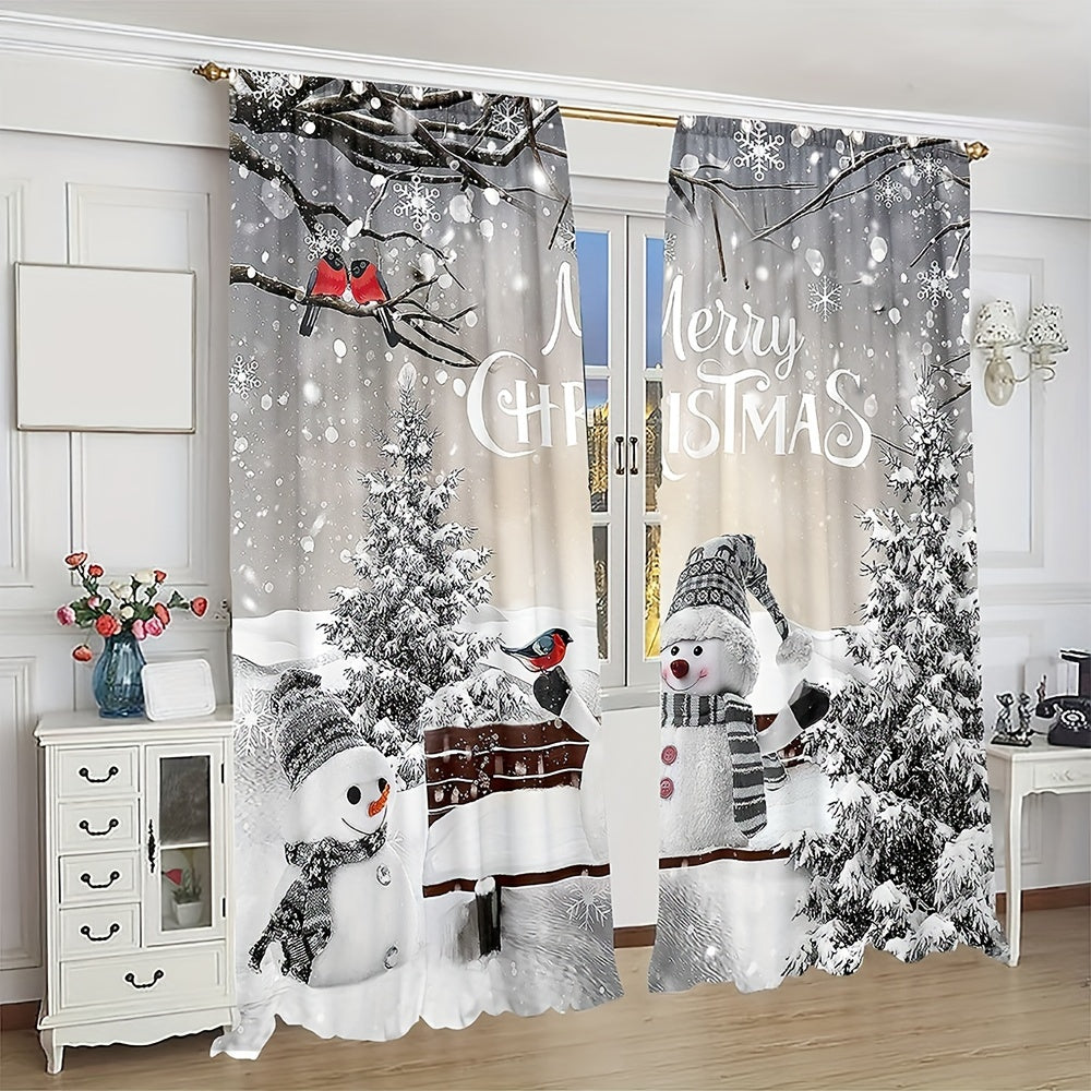 Christmas Curtains Set Snowman Pine Tree Semi-Sheer Polyester Easy Hang