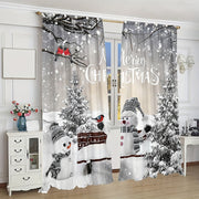 Christmas Curtains Set Snowman Pine Tree Semi-Sheer Polyester Easy Hang