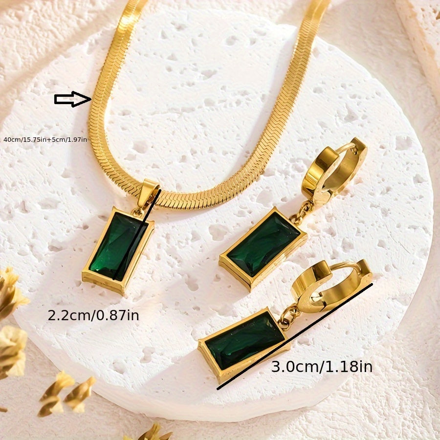 Conjunto de joyería de acero inoxidable chapado en oro bohemio con colgante y pendientes de zirconia sintética verde