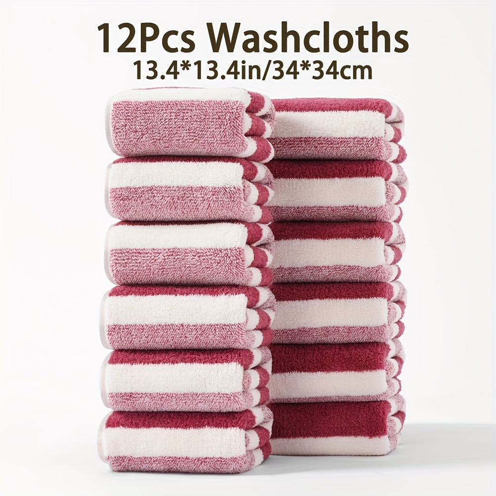 12-Piece Soft Absorbent Striped Coral Fleece Washcloths for Travel and Gym