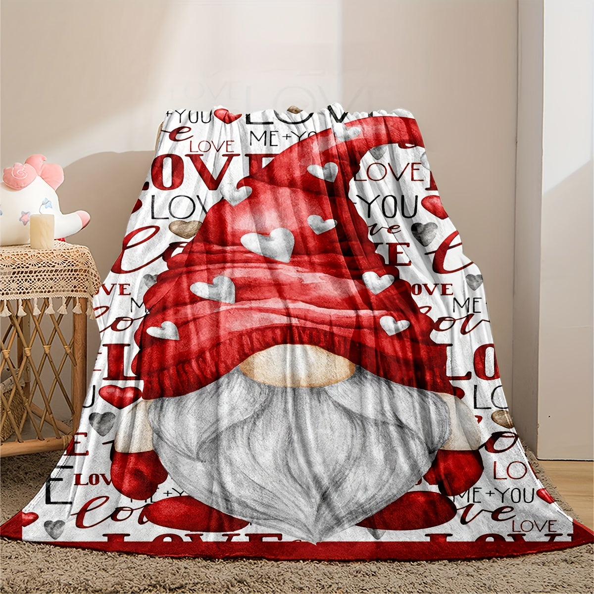 Gnome Themed Fleece Blanket with Love Letters for Couch Sofa Bedding Decor
