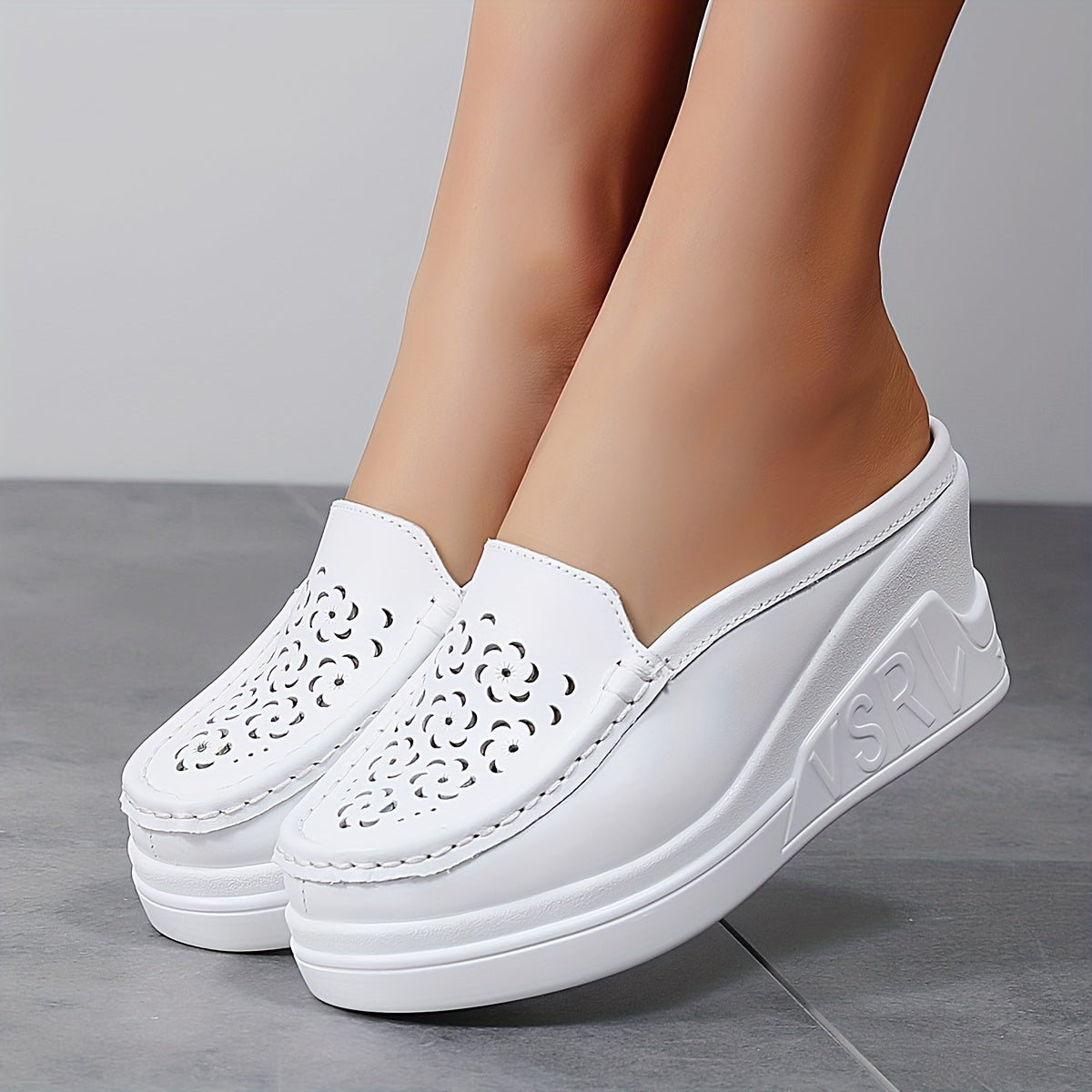 Women's Faux Leather Platform Sandals Slip-On Mules Hollow Out Casual Shoes