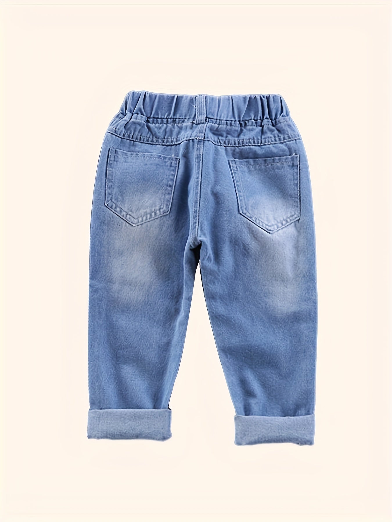 Boys Ripped Denim Jeans All-Season Cartoon Pattern Elastic Waist Straight Fit