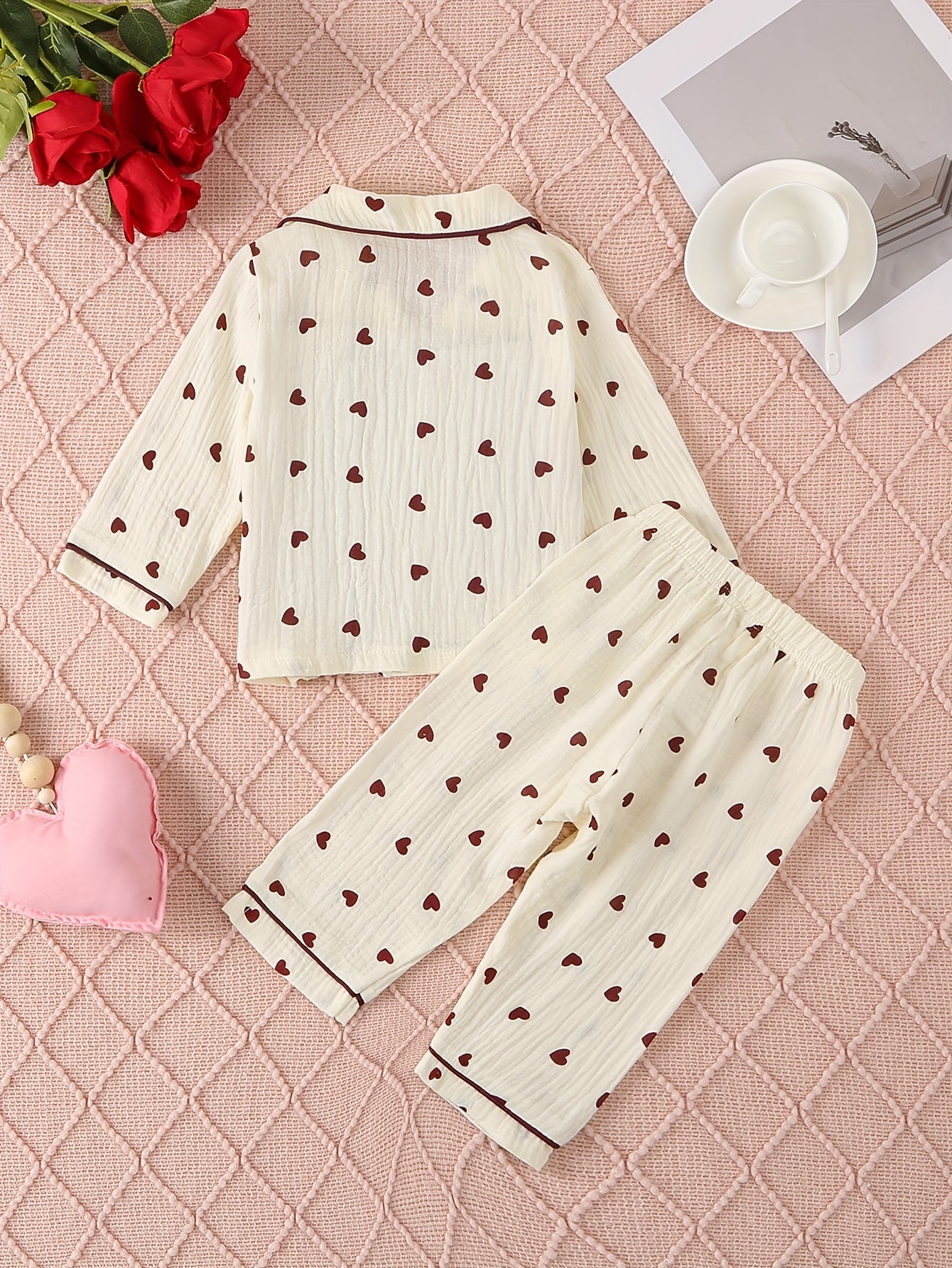 Girls All-Season Cotton Pajama Set with Heart Print Lapel Collar Loose Fit Sleepwear for Over 3 Years