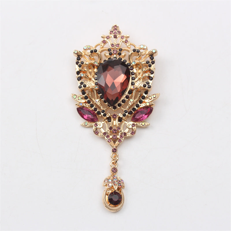 Retro Rhinestone Flower Brooch with Glass Pendant Enamel Corsage Pin for Coats