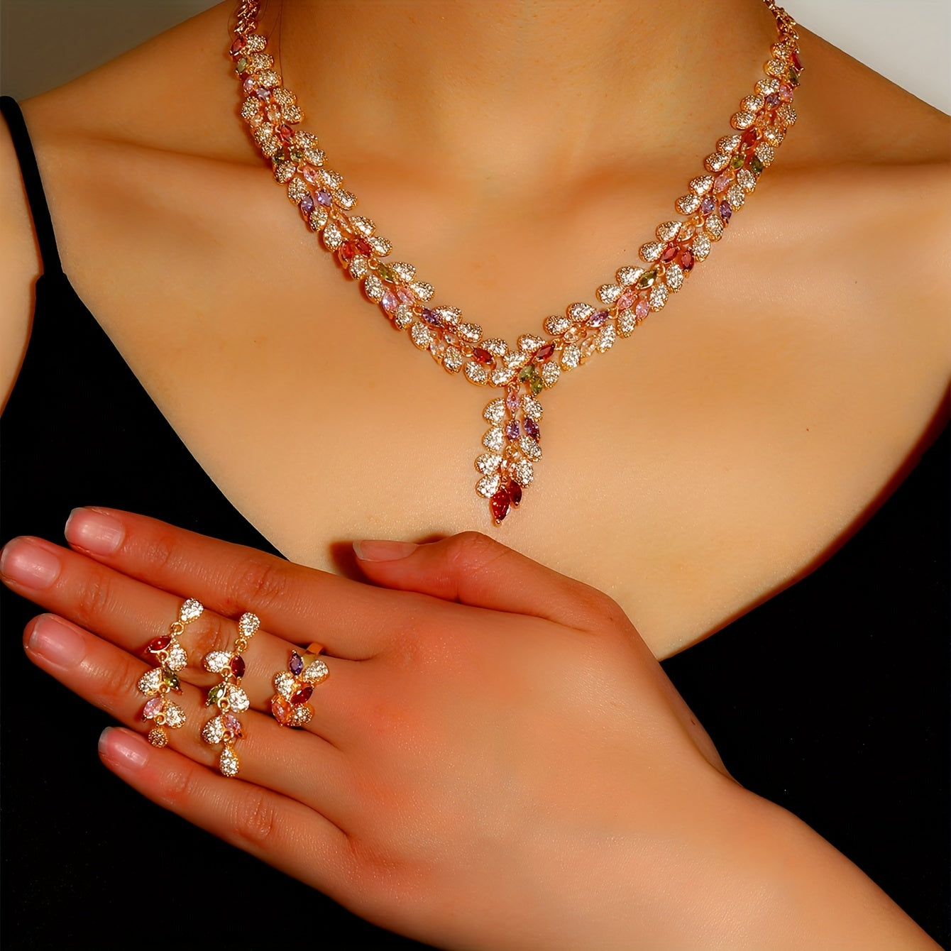 Middle Eastern Copper Jewelry Set with Zirconia Stones and Wheat Tassel Design