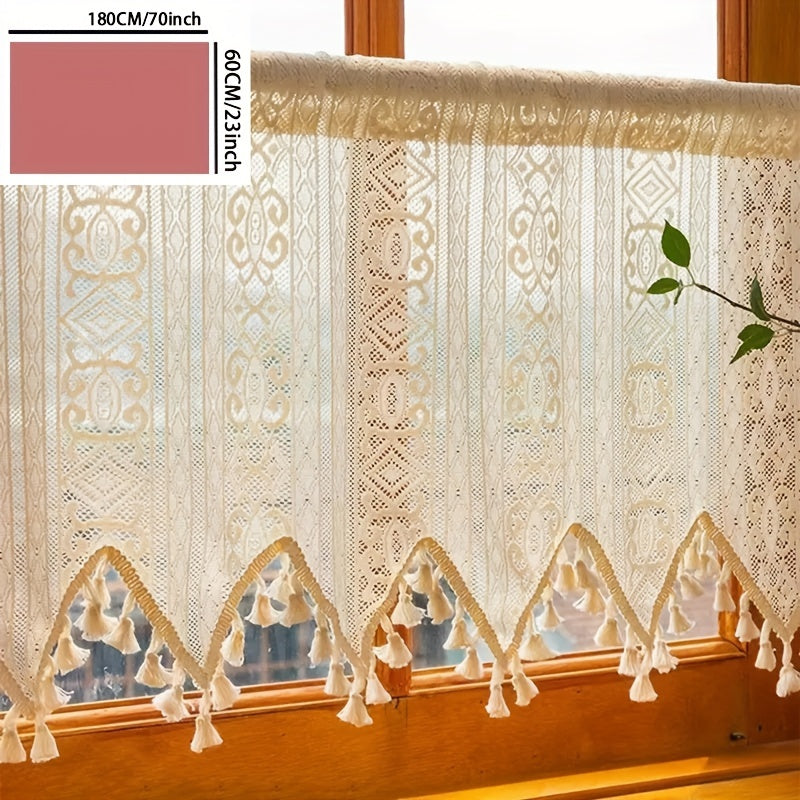 Boho Geometric Lace Tassel Cafe Curtain Tiers Polyester Semi-Sheer Thermal Insulated