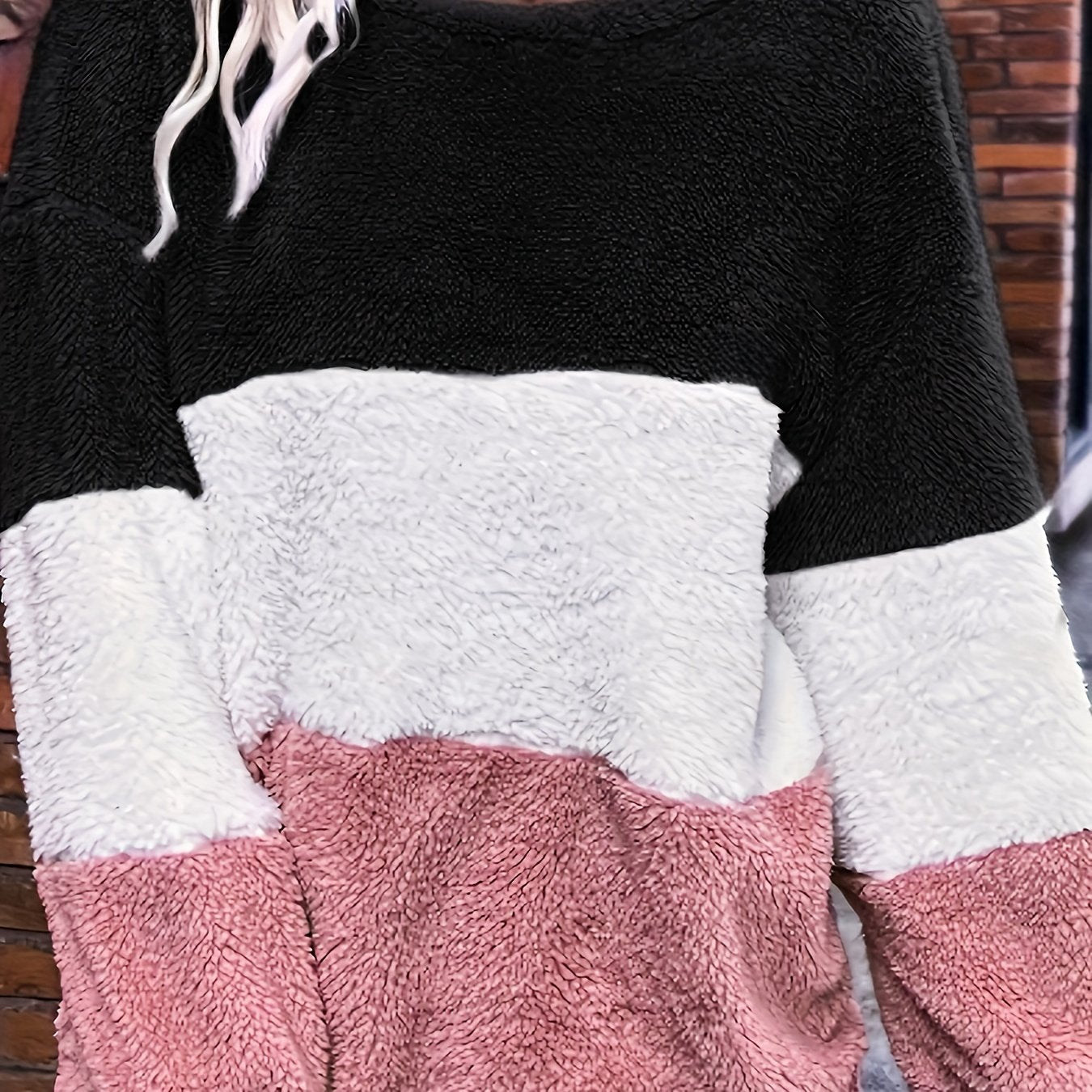 Plus Size Women's Fleece Hoodie Color Block Striped Loose Fit Pullover Winter Warmth