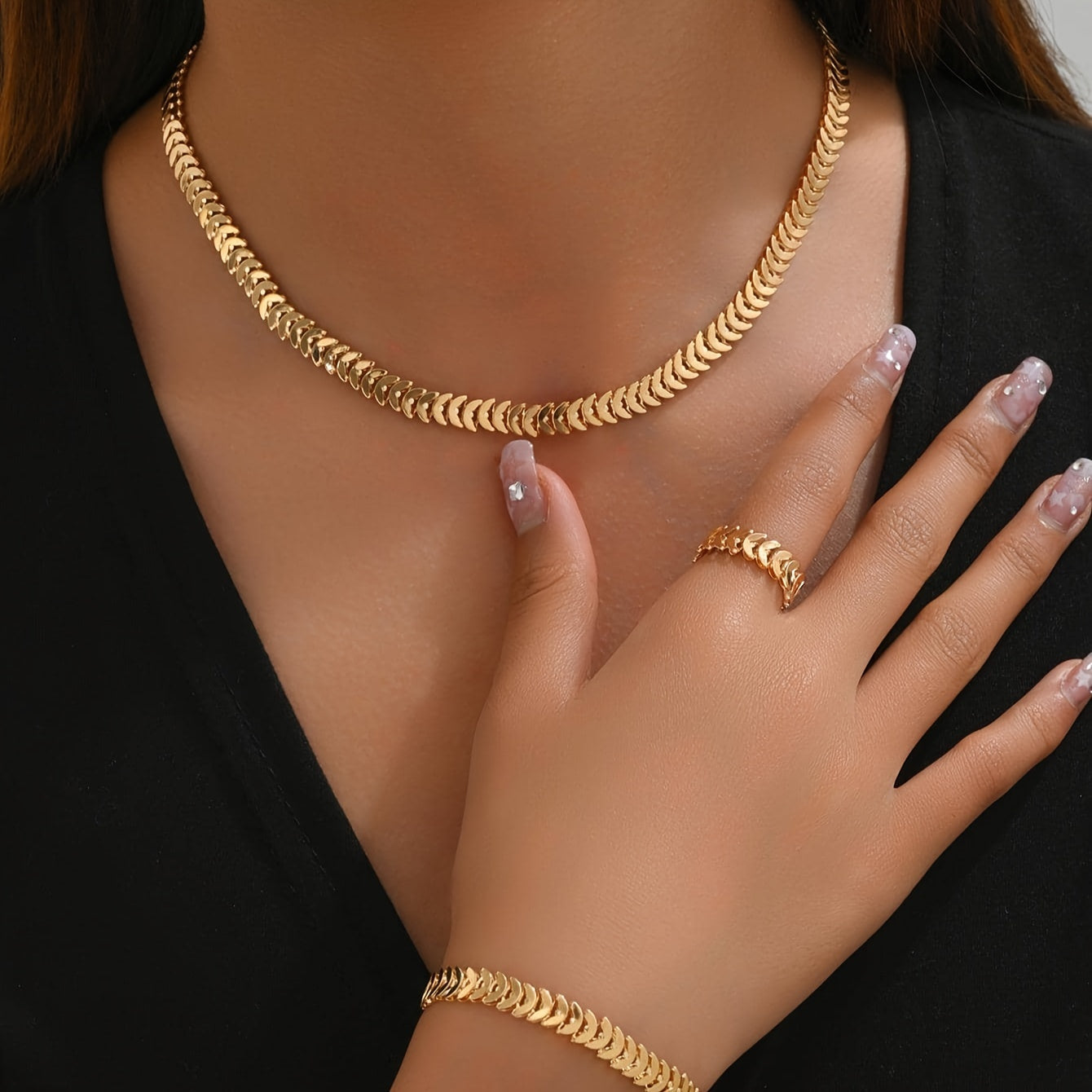 3-Piece Jewelry Set with Fish Scale Iron Chain Necklace Ring Bracelet Casual Elegant Gift
