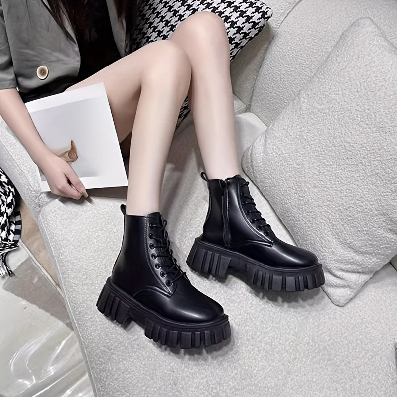 Women's Mid-Calf Combat Boots Lace-Up Platform Sole Black White