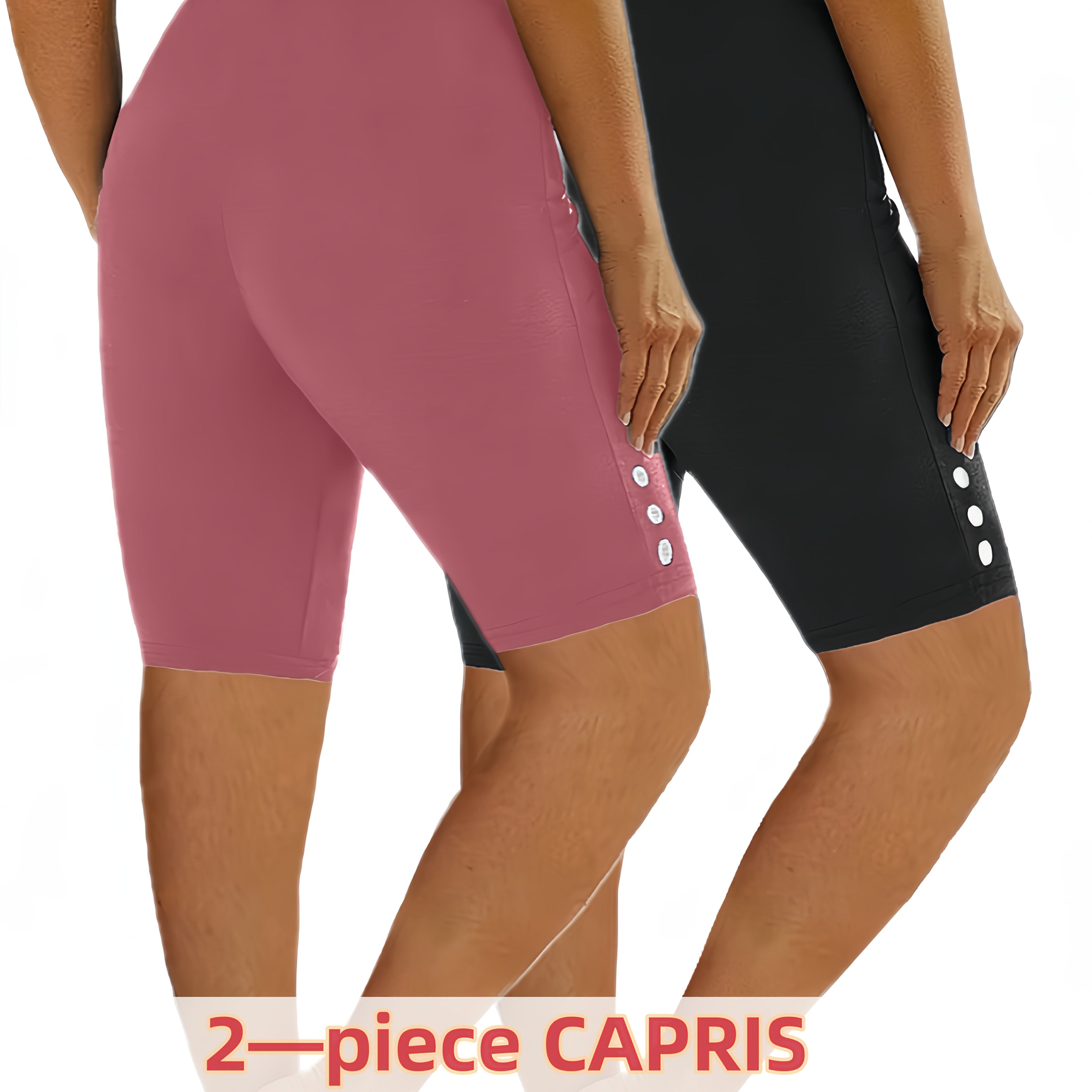 Plus Size Women's High-Waisted Capri Leggings Yoga Shorts, Stretchy, Lightweight Summer Activewear Black Green