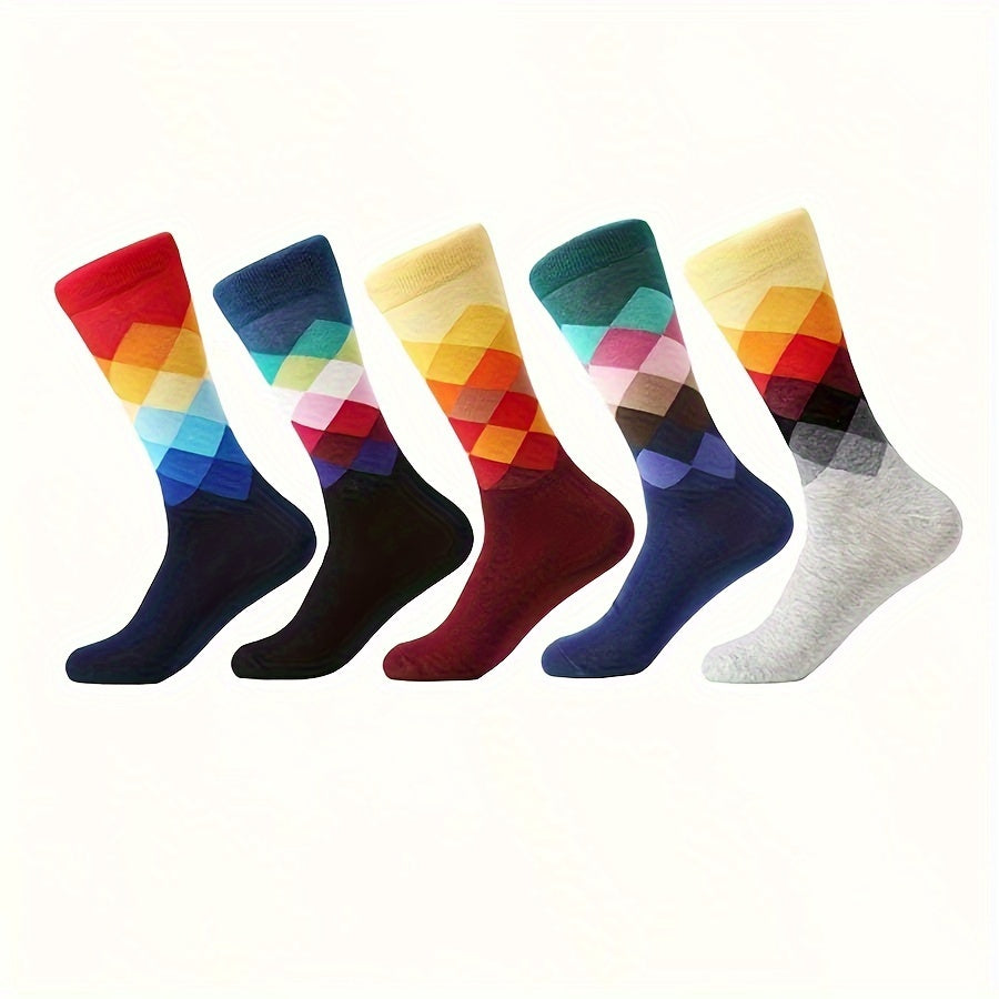 Men's Cotton Argyle Socks 5-Pack Mid-Calf Colorful Diamond Pattern