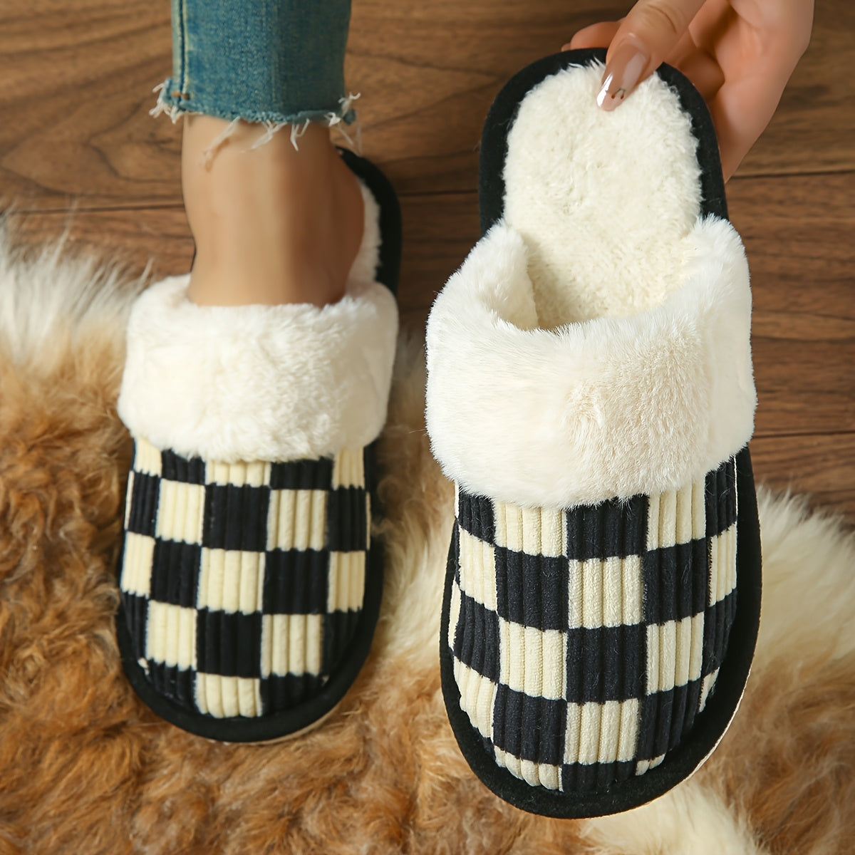 Women's Plush Striped Slippers Pink and White Checkered Indoor Shoes