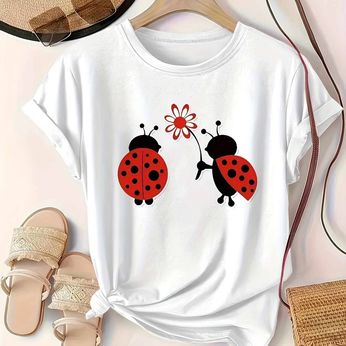 Women’s Plus Size Ladybug Print T-Shirt Casual Crew Neck Knit Top