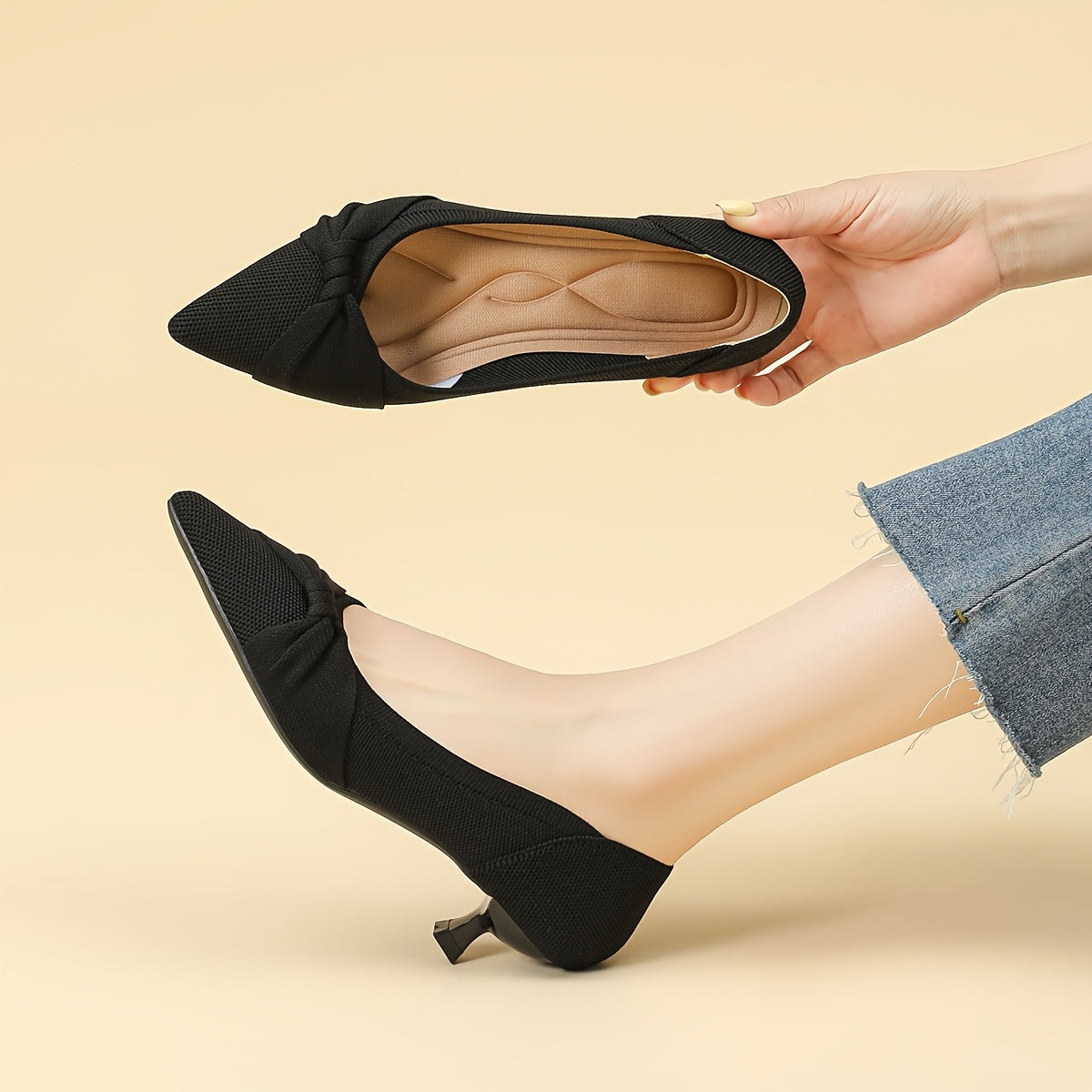 Women's Black Knit Slip-On Pumps with Pointed Toe and Bow Detail