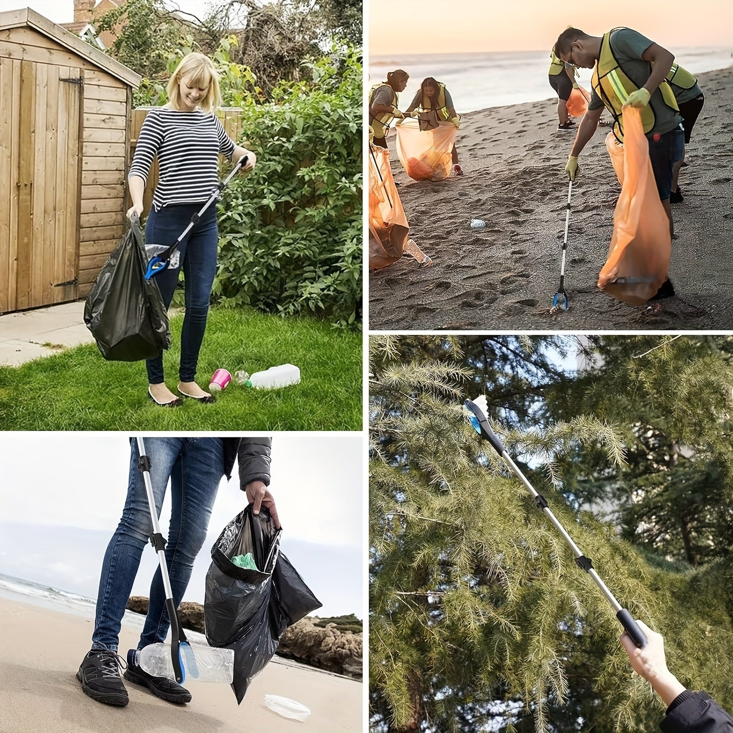 Portable trifold garbage clip with long handle for sanitation cleaning