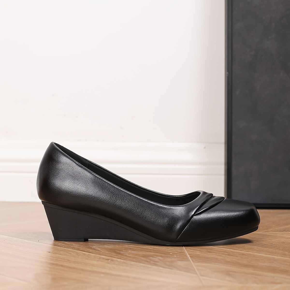 Zapatos de mujer tipo slip-on con punta cuadrada y tacón grueso, negros, cómodos para el trabajo