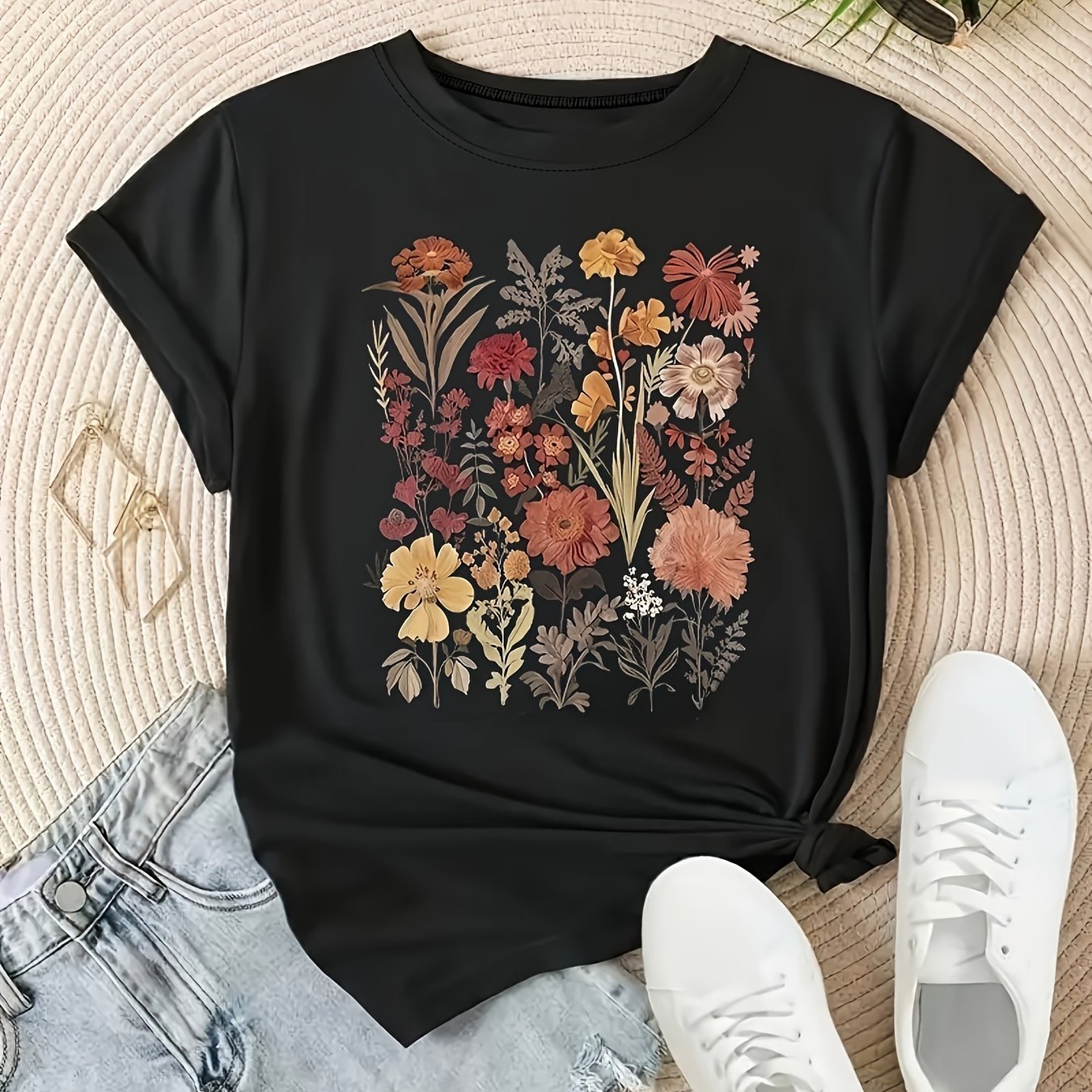 Women's Navy Blue Short Sleeve Floral Print T-Shirt, Casual Relaxed Fit