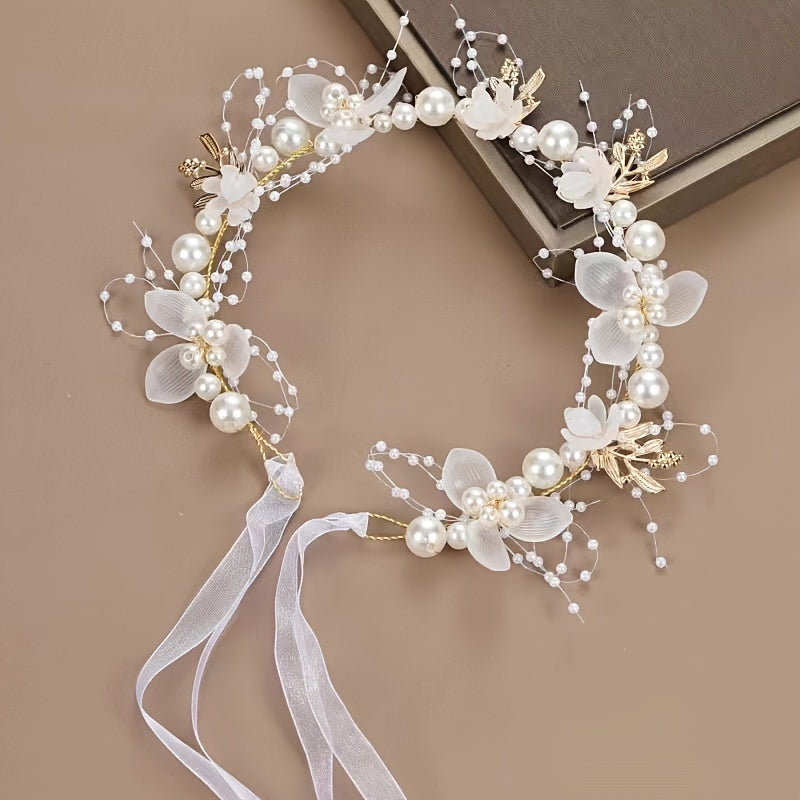 Romantic Bridal Headpiece with Faux Pearls Floral Wreath Ribbon Tie