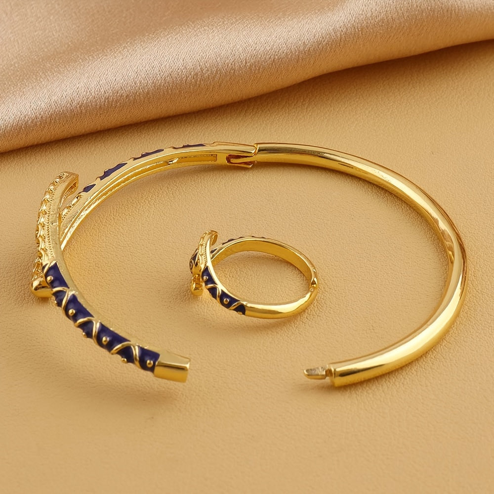 Women Boho Tribal Style Copper Cuff Bracelet and Adjustable Ring Set Gold Plated