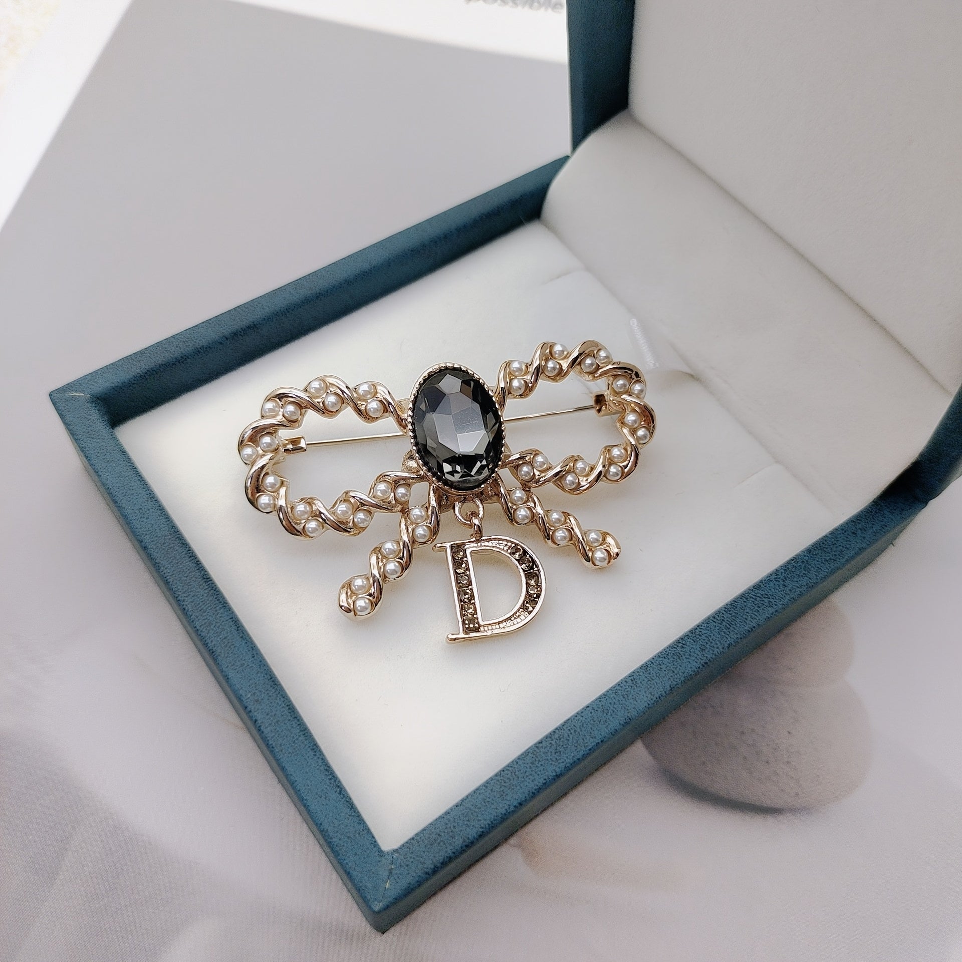 Vintage Butterfly Knot Brooch with Letter Charm Imitation Pearl and Glass Gemstone for Women